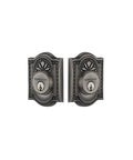 Meadows Plate Double Cylinder Deadbolt And Door Knob Set In Antique Pewter, Heavy Duty Solid Brass Build, Keyed Alike exterior trim view