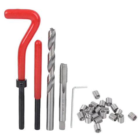 Premium M8 Thread Repair Kit With 25 Essential Pieces Including Tap And Drill Bit Perfect For Fixing Stripped Bolts In Your Garage Or Workshop Without Any Hassle, red handles with steel inserts