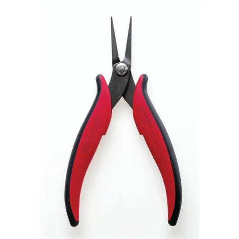 Long Nose Electronics Pliers With 32mm Serrated Jaw and nonslip dolphin grips, flat nose, black and red grips