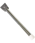 Marine City 13-inch stainless steel boat seat support leg with mounting plate and white rubber tip, side view