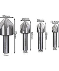 Front view of four carbide chamfer end mills in a row; head diameters 30mm, 20mm, 16mm, 12.5mm.