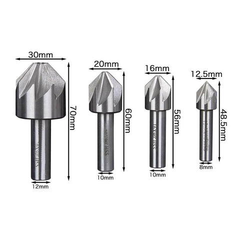 Front view of four carbide chamfer end mills in a row; head diameters 30mm, 20mm, 16mm, 12.5mm.