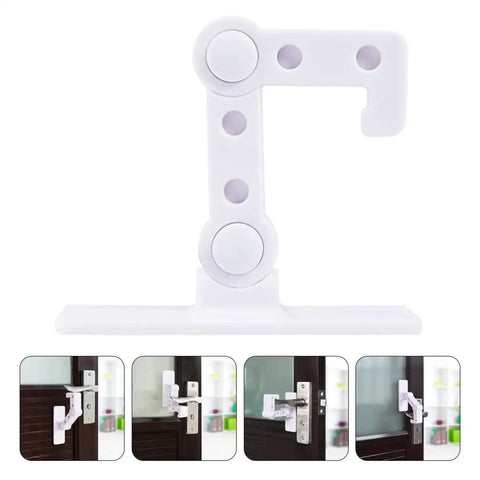 Kid Proof Cabinet And Appliance Door Lock In White Plastic, Sturdy Lever, Quick Install, Shown On Various Doors