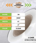 Product specifications for Top Shelf Pre Stretched Clear Plastic Wrap Roll 5 Inch By 1000 Feet including gauge and core details.