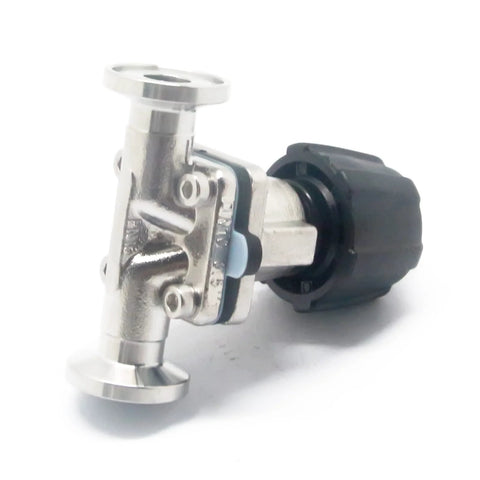QiiMii 1/2 in SS316 tri-clamp diaphragm valve angled side view with black plastic actuator