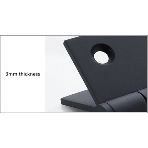 Close-up of Heavy Duty Stainless Steel Door Hinge Set, Black, 2 Pieces highlighting 3mm thickness, corrosion-resistant durable construction.