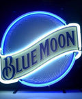 Blue Moon neon sign with blue and white lights, circular design, ideal for bar decor. Metal Frame Neon Sign 17 By 13 Inches Real Glass Neon Light Copper Color Perfect Beer Bar Pub Garage Decor Bar Vibe Wall Art Durable Frame Eye Catching Home Entertainment Accent.
