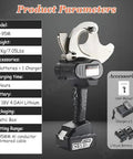 Heavy Duty Ratchet Cable Cutter Chops Through Thick Copper Aluminum And ACSR Wiring Quick With Solid Charge Lithium Batteries And Ergonomic Non Slip Handle For Effortless Pro Electrical Work with battery specs and accessories.