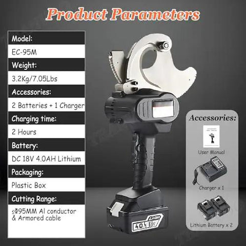 Heavy Duty Ratchet Cable Cutter Chops Through Thick Copper Aluminum And ACSR Wiring Quick With Solid Charge Lithium Batteries And Ergonomic Non Slip Handle For Effortless Pro Electrical Work with battery specs and accessories.