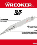 Hardcore Demolition Reciprocating Saw Blades One Hundred Pack Seven Teeth Per Inch Cuts Nail Embedded Wood Plastic Metal With Flexible Hardened Steel Core For Beast Mode Job Site Performance image showing a saw blade with a blade profile for fast plunging.
