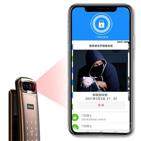 No Sweat Keyless Entry Rig Featuring 3D Biometric Scanner with app interface showing security features and digital display.