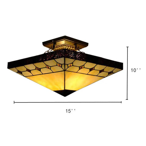 Tiffany Style Two Light Craftsman Semi Flush Ceiling Light With Antique Art Glass Shade In Beige for kitchen, hallway, bedroom, and bathroom