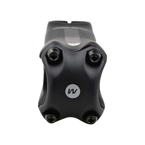 Front view of a bike stem with fitted Titanium M5x16mm Hex Allen Bike Stem Bolts With Washer Black Finish 6 Pack Ride Ready Pro Grade 5