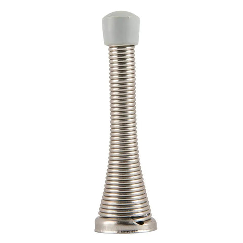 Heavy Duty Brushed Nickel Spring Door Stop With Rubber Bumper Tips, Spring Steel Construction, About Three Inches Long