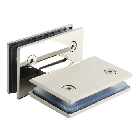 Close-up of Soft Close Cabinet Hinges Two Pack Heavy Duty 180 Degree Glass Door Hinge Frameless Pivot Clip for showcases and showers.