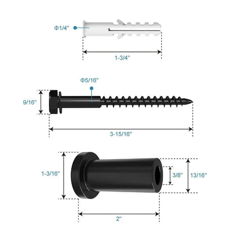 2 Inch Sliding Barn Door Track Spacers Replacement Kit carbon steel spacer, lag bolt, and wall anchor dimensions shown