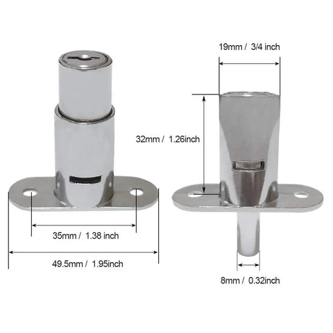 Slick Chrome Plated Zinc Push Plunger Track Lock With Spring Loaded Keyed Alike Cylinder Heads For Cabinets Drawers Super Tough Rust Proof Heavy Duty Two Pack, dimensions shown.