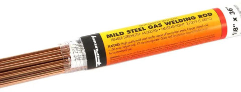 Copper Coated Brazing Rod One Eighth Inch Five Pound For Gas Brazing of Low Carbon and Low Alloy Steels High Tensile Strength Over Forty Five Thousand Psi Silicon and Manganese Rich to Eliminate Flux, showing packaging and rods