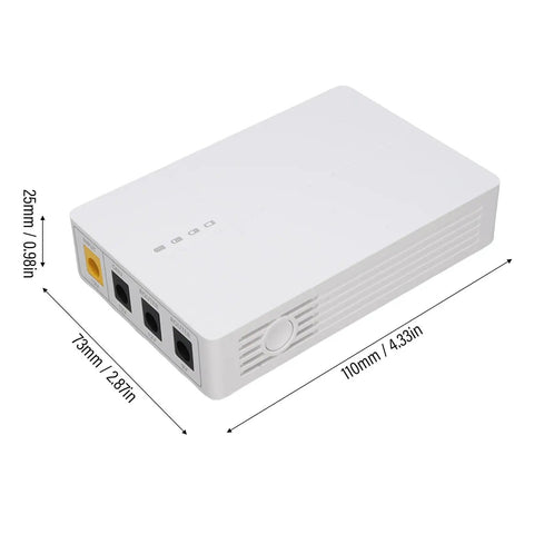 Real Deal Heavy Duty Mini UPS With 6000mAh High Capacity Battery, compact white design for camera backup and WiFi stability.