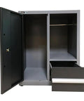 Heavy Duty Freestanding Garage Workbench And Steel Storage Rig Includes Tool Cabinets Panels Hooks Lockers Filing Unit Wardrobe. Open steel locker with shelves and drawer.