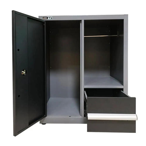 Heavy Duty Freestanding Garage Workbench And Steel Storage Rig Includes Tool Cabinets Panels Hooks Lockers Filing Unit Wardrobe. Open steel locker with shelves and drawer.
