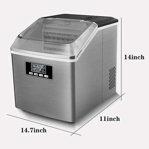 Smooth Operator Home Bar Ice Cube Maker With A Transparent Cover And Brushed Metal Frame, 14x11x14.7 inches design and size.