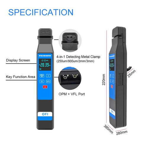 Front and side views of D YEDEMC Live Optical Fiber Identifier: blue handheld FTTH tool with built-in VFL and OPM ports