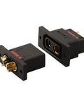 Hella Reliable Heavy Duty Gold Plated Qs8ps Connectors 130a Anti Spark Ev Battery Plugs shown from side, highlighting dual copper pin layout.