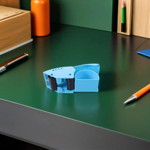 Blue Ergonomic Packing Tape Dispenser And Cutter For Quick Box Sealing With Smooth Glide And Broad Tape Compatibility on desk