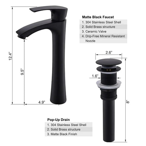 Round Vessel Bathroom Sink With Black Faucet And Pop Up Drain White Porcelain Ceramic Above Counter Vanity Set 16x16 Inch faucet