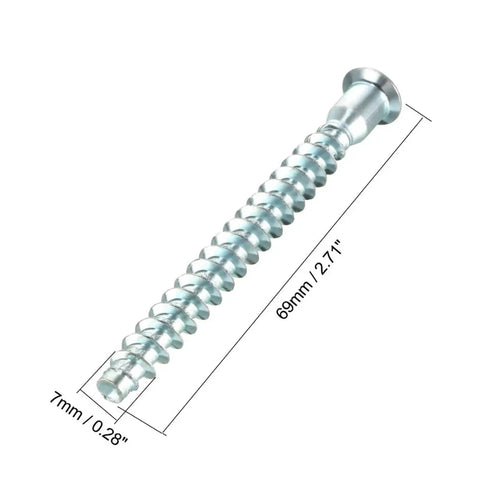 Close-up of a 69mm length screw from the 60 Piece Confirmat Screws Set, 7mm Diameter Hex Socket Countersunk Wood Panel Screws.