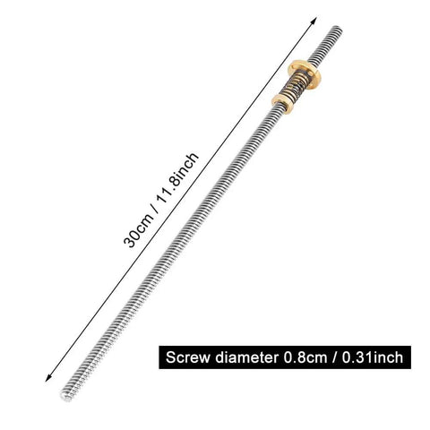 Beefed Up T8 Threaded Rod Screw Lead Screw With Anti Backlash Nut Spring Loaded Stainless Steel Nut For 3D Printers, 30cm