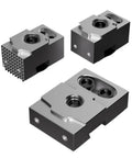 Drop Dead Reliable One Piece Pneumatic Bench Vise For Multi Station CNC Fixturing With Single Sided Clamp Setup To Lock Parts Tight During Heavy Duty Precision Machining Runs In Classic Gray showing three workholding jaws.
