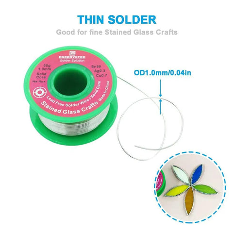 Stained Glass Solder Wire 1.0mm Solid Core Lead Free Without Flux Core 50g Craft Solder Sn99 Ag0.3 Cu0.7 spool and artwork example