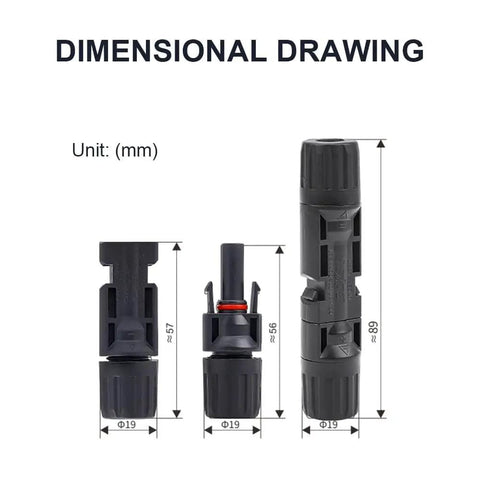 Dimensional drawing of Waterproof Solar Panel Connector Kit 10 Pack 5 Pairs IP67 Male and Female PV Connectors