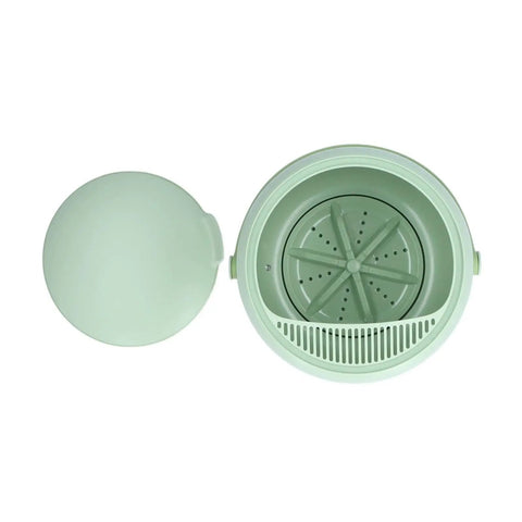 Compact 3L Portable Washing Machine With Quick Spin Cycle For Underwear Socks And Delicates Hassle Free On The Fly Laundry Tool Perfect For Dorms RVs Campers And Tiny Apartments Green interior view showing the drum and lid.