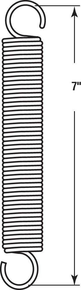 Extension spring, front view, nickel-plated spring steel, 7-inch length with hooks at both ends.
