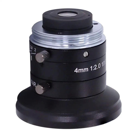 Four Millimeter Fixed Focus C Mount Lens For Industrial Machine Vision Cameras With One Over One Point Eight Inch Sensor HD 5MP Imaging And Distortion Under One Percent, front view.