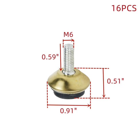 Gold Swivel Adjustable Furniture Levelers To Knock The Wobble Flat Slick Steel Legs With Rubber Pads Silent Floor Guards Smooth Glide Indoor Outdoor Setup 16 Pack, close-up of an individual leveler with dimensions.