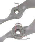 Gray CW 8x6 Inch Nylon RC Propellers 2 Vane For Airplane 3 Pack With Adapter Rings, showing hole dimensions