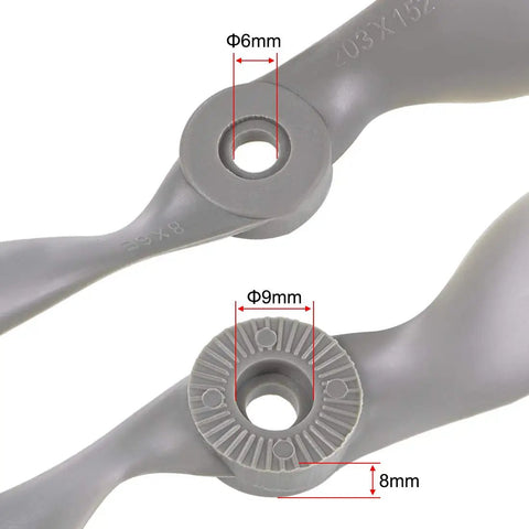 Gray CW 8x6 Inch Nylon RC Propellers 2 Vane For Airplane 3 Pack With Adapter Rings, showing hole dimensions