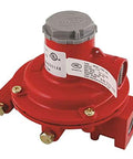 Marshall propane regulator home supply kit; red metal regulator with gray cap and 1/2-in outlet.
