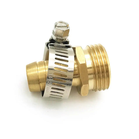 Two Pack Brass Garden Hose Repair Fittings With Stainless Clamp For Leaks And Quick Linkage Half Inch Barb To Three Quarter Inch Male Garden Hose Thread Connector Standard US Threads
