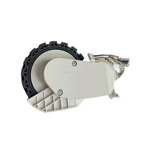 Traveling wheel assembly for Xiaomi Omni vacuum; side view shows beige motor housing, black rubber wheel, and exposed wiring