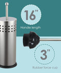 Slick Brushed Metal Toilet Plunger With Spill Proof Canister And Wall Mount Holder For Bathroom Corner Storage, 16 inch handle and 3 inch rubber cup.