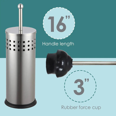Slick Brushed Metal Toilet Plunger With Spill Proof Canister And Wall Mount Holder For Bathroom Corner Storage, 16 inch handle and 3 inch rubber cup.