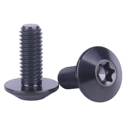 Set Of 4 Titanium Button Torx Head Bolts M6 For Bikes And Motorcycles 12Mm 15Mm 20Mm 25Mm Grade 5 Fully Threaded Black Lightweight And Durable Corrosion Resistant, showing two of the bolts, one upright, and one on its side.