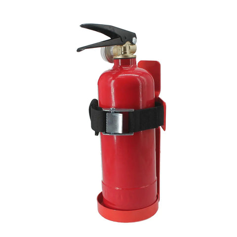 Beefy Wall Mount Fire Extinguisher Bracket for 2.5 lb Extinguishers, steel holder with quick release buckle, red powder coat