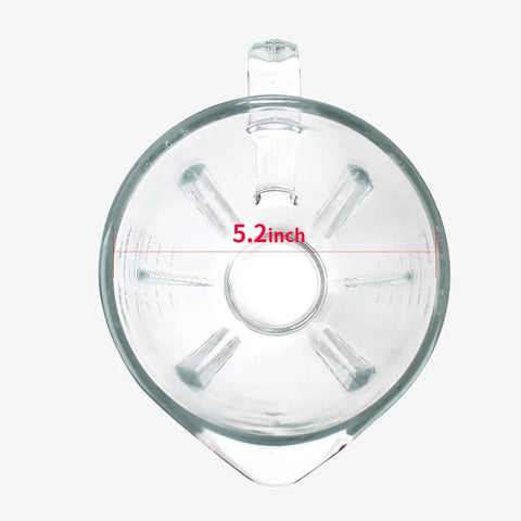 Top view of 6-Cup Glass Jar Replacement for Oster Blenders showing 5.2-inch diameter, clear glass with handle