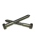 Two 5/16 Inch Stainless Steel Lag Screws Hex Head Bolts 1-3/4 Inch Long One Pack laying crossed on white background.
